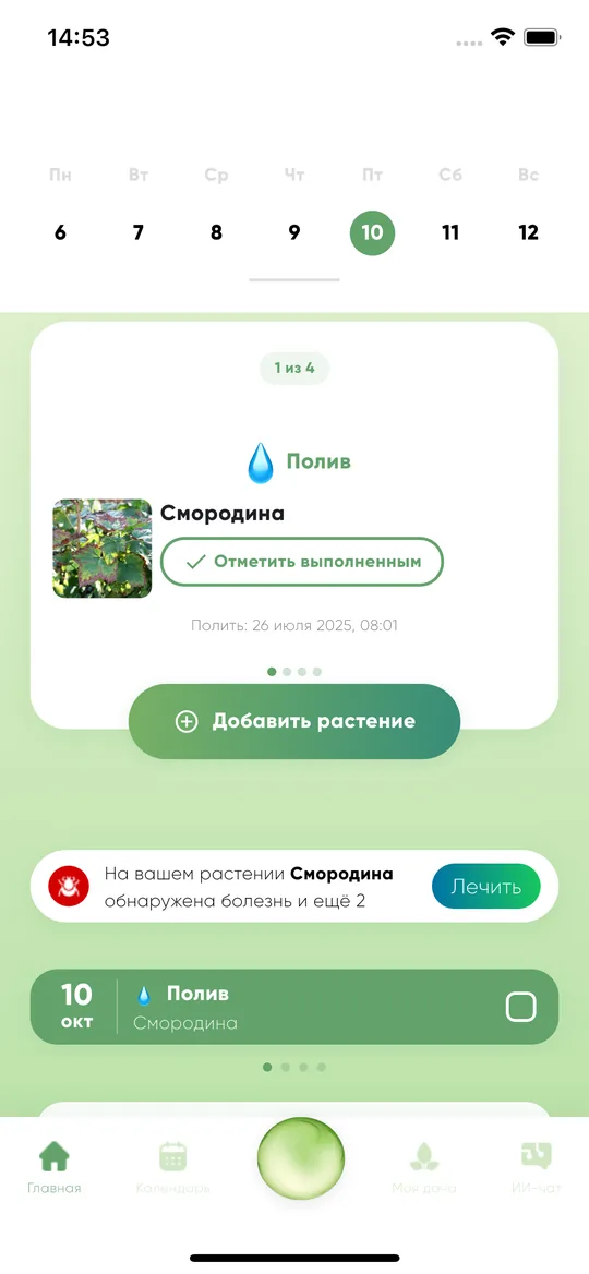 Главный экран с растением, задачей полива и оповещением о болезни